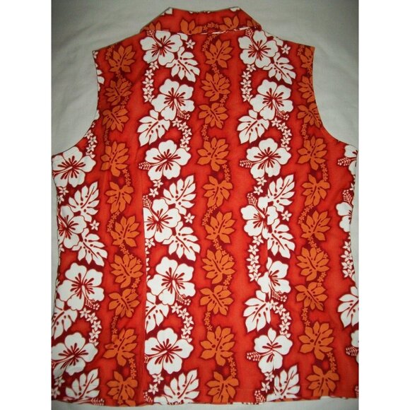 Aloha Republic Womens Hawaiian Red Orange Hibiscus Sleeveless Floral Top Size L - Picture 3 of 5